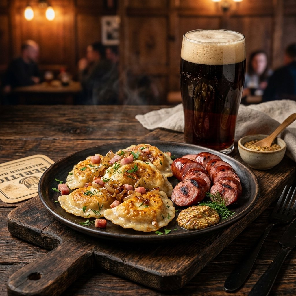 Polish Pierogi and Kielbasa with Beer